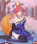  1girl alcohol animal_ears beer beer_can blue_legwear blush breasts canet caster_(fate/extra) cleavage detached_sleeves fang fate/extra fate/grand_order fate_(series) fox_ears fox_tail hair_ribbon highres japanese_clothes large_breasts looking_at_viewer open_mouth pink_hair ribbon ruchiteumu sitting solo tail yellow_eyes 