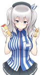  1girl beret blue_eyes blush bottle breasts convenience_store employee_uniform hat jam_(jam0601) kantai_collection kashima_(kantai_collection) large_breasts lawson long_hair looking_at_viewer miniskirt shop sidelocks silver_hair skirt smile solo tsurime twintails uniform 