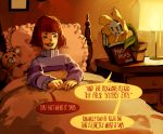  androgynous bed blind book brown_hair chest_of_drawers commentary english flower flower_pot flowey_(undertale) frisk_(undertale) grimm&#039;s_fairy_tales lamp reading shirt striped striped_shirt stuffed_animal stuffed_toy teddy_bear undertale velocesmells 