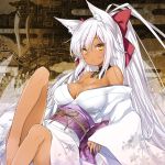  1girl 47agdragon animal_ears bare_shoulders barefoot blush bow breasts cleavage dark_skin detached_collar fox_ears hair_bow highres japanese_clothes kimono large_breasts long_hair long_sleeves looking_at_viewer obi original ponytail sash solo white_hair wide_sleeves yellow_eyes 