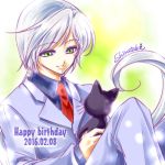  2016 androgynous bishoujo_senshi_sailor_moon cat dated formal green_eyes happy_birthday long_hair looking_at_another lowres luna_(sailor_moon) necktie ponytail red_necktie shirataki_kaiseki signature sitting suit white_hair yaten_kou 