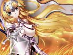  1girl armor armored_dress bare_shoulders blonde_hair blurry braid breasts clouds depth_of_field fate/apocrypha fate/grand_order fate_(series) foreshortening gauntlets headpiece highres large_breasts long_hair looking_at_viewer moth orange_sky paperfinger pointing_sword ruler_(fate/apocrypha) serious single_braid solo sword violet_eyes weapon wheat wind 