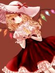  1girl :o ascot blonde_hair blush demon_wings flandre_scarlet frilled_hat frilled_skirt frills gloves hands_clasped hat hat_ribbon looking_at_viewer puffy_short_sleeves puffy_sleeves red_eyes red_ribbon red_skirt ribbon short_sleeves side_ponytail skirt solo sun_hat touhou white_gloves wings yuki_201 