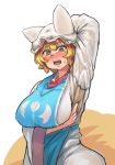  1girl blonde_hair breasts brown_eyes chanta_(ayatakaoisii) fox_tail hat huge_breasts multiple_tails short_hair simple_background solo sweat tail thighs touhou white_background yakumo_ran 