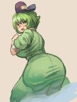  1girl ass blonde_hair breasts brown_background chanta_(ayatakaoisii) green_eyes green_hair hat large_breasts short_hair simple_background solo sweat thighs touhou 