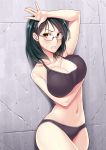  1girl arm_up blush bra breast_hold breasts brown_eyes cleavage clenched_teeth glasses green_hair hips imada_kozue large_breasts navel original panties solo standing teeth underwear underwear_only wall 