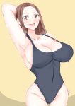  absurdres arm_up armpits breasts brown_eyes brown_hair cleavage groin highres large_breasts looking_at_viewer sideboob simple_background sketch smile swimsuit thighs vol.2 wide_hips yellow_eyes 