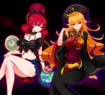  2girls aura belt between_breasts black_dress black_shirt blonde_hair bracelet breasts chinese_clothes cleavage clothes_writing collar crossed_legs dress earth earth_(ornament) energy expressionless gold_chain hand_in_hair hat hecatia_lapislazuli highres jewelry junko_(touhou) large_breasts legs light_particles long_hair long_sleeves looking_at_viewer midriff moon_(ornament) multicolored_skirt multiple_girls multiple_tails nail_polish navel obi off-shoulder_shirt pointy_ears raptor7 red_eyes red_nails redhead sash shaded_face shirt side_glance spiked_collar spikes tabard tail thighs touhou very_long_hair wide_sleeves 