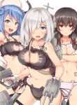  3girls :d belt black_bra black_hair black_panties blue_eyes blue_hair blush bra breasts cannon cat_cutout cat_ear_panties cat_lingerie cleavage cleavage_cutout collarbone crossed_arms double_bun gloves gun hair_ornament hair_over_one_eye hair_ribbon hairclip hamakaze_(kantai_collection) hat highres holding_gun holding_weapon ichikawa_feesu isokaze_(kantai_collection) kantai_collection large_breasts long_hair looking_at_viewer machinery multiple_girls navel open_mouth panties red_eyes ribbon sailor_hat short_hair side-tie_panties silver_hair smile tress_ribbon turret underwear underwear_only urakaze_(kantai_collection) weapon white_bra white_gloves white_panties 