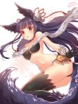  1girl animal_ears bangs bare_shoulders bell black_gloves blunt_bangs breasts fox_ears fox_tail from_side gloves granblue_fantasy hair_bell hair_ornament long_hair looking_at_viewer lowres monikon13 navel open_mouth purple_hair red_eyes solo tail thigh-highs yuel_(granblue_fantasy) 