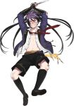  1boy black_legwear blush clenched_teeth fudou_yukimitsu kneehighs male_focus necktie official_art open_clothes open_shirt ponytail purple_hair shirt shorts sword tantou teeth torn_clothes torn_shorts touken_ranbu violet_eyes weapon 