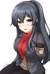  1girl alternate_costume black_hair blush breasts casual coat coffee_cup don_(29219) hair_between_eyes kantai_collection large_breasts long_hair long_sleeves looking_at_viewer open_clothes open_coat open_mouth pants ponytail red_eyes red_scarf scarf scrunchie simple_background sitting smile solo twitter_username white_background yahagi_(kantai_collection) 