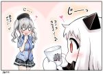  0_0 2girls :3 :d =3 beret blush cameo commentary_request employee_uniform glass hat heart holding horns kantai_collection kashima_(kantai_collection) lawson long_hair mittens multiple_girls northern_ocean_hime open_mouth pale_skin pleated_skirt red_eyes rensouhou-chan shinkaisei-kan shirt silver_hair skirt smile striped striped_shirt translation_request turret twintails uniform vertical_stripes white_hair yamato_nadeshiko 