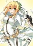  1girl ahoge blonde_hair bodysuit breasts fate/grand_order fate/stay_night fate_(series) green_eyes kuzuyu looking_at_viewer saber saber_bride short_hair simple_background solo yellow_background 