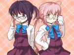  2girls adjusting_glasses ahoge arm_behind_back blouse blue-framed_glasses blush bow dress futatsuki_hisame glasses green_eyes hair_bun hand_on_glasses hand_on_hip kantai_collection long_hair long_sleeves looking_at_viewer makigumo_(kantai_collection) multicolored_hair multiple_girls okinami_(kantai_collection) open_mouth pink_hair purple_hair ribbon rimless_glasses school_uniform short_hair skirt sleeveless sleeveless_dress sleeves_past_wrists smile twintails white_blouse yellow_eyes 