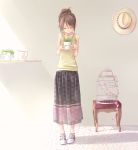  1girl bare_shoulders birdcage brown_hair cage closed_eyes floral_print flower hat long_skirt no_socks pitcher plant ponytail potted_plant see-through shoes skirt smile sneakers solo standing tank_top tokumaru 