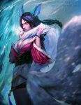  1girl ahri animal_ears black_hair braid breasts cleavage cowboy_shot detached_sleeves facial_mark fox_ears fox_tail korean_clothes league_of_legends lips ming-yin_wong multiple_tails nose serious solo tail watermark web_address whisker_markings yellow_eyes 