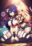  3girls :&lt; :o animal_ears aqua_hair armlet black_gloves blonde_hair blue_eyes blue_hair blush breasts cat_ears cat_tail cave chain crop_top denim denim_shorts dripping ears_down elbow_gloves flat_chest fox_ears fox_tail frown full_body fur_trim gloves grabbing grabbing_from_behind hair_between_eyes hair_tubes head_tilt highres indian_style jewelry jitome kneeling large_breasts leaf looking_at_breasts looking_up low_twintails mamuru midriff multiple_girls navel open_mouth original outdoors peeking_out pendant red_eyes short_shorts short_twintails shorts sitting speech_bubble spoken_squiggle squiggle stomach sunlight surprised sweatband sweatdrop tail toes tree_stump twintails wavy_mouth yellow_eyes yuri 