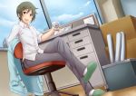  1boy brown_hair chair crossed_legs cup desk glasses_on_head highres idolmaster idolmaster_side-m shirt slippers smile solo vest window yamamura_ken 