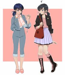  2girls aconitea ahoge alternate_costume bag belt black_boots black_hair blue_eyes blue_hair boots cropped_jacket cross-laced_footwear denim_jacket dual_persona earrings female highres jewelry ladybug marinette_cheng miraculous_ladybug multiple_girls multiple_persona purple_skirt skirt smile twintails 