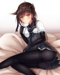  1girl ass black_skirt bodysuit breasts brown_eyes brown_hair hair_between_eyes hatsuzuki_(kantai_collection) highres kantai_collection looking_at_viewer lying on_side panties pleated_skirt pouty_lips school_uniform serafuku short_hair skirt solo underwear zhou_yu_(ppaaqz1995) 