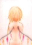  1girl 2005 asymmetrical_hair back bare_back blonde_hair flandre_scarlet from_behind kokono_coco lowres no_hat pale_color short_hair solo touhou upper_body wings 