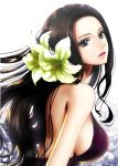  1girl backlighting bare_shoulders black_hair blue_eyes breasts dress flower hair_flower hair_ornament large_breasts lips long_hair looking_at_viewer nico_robin one_piece parted_lips purple_dress shinmanawa sideboob sleeveless sleeveless_dress solo upper_body 