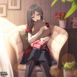  1girl black_hair blue_eyes book camisole couch flower flower_pot gift grey_hair holding holding_gift incoming_gift long_hair looking_at_viewer original pantyhose picture_(object) pillow pillow_hug plant potted_plant red_scarf scarf skirt solo tokumaru valentine 