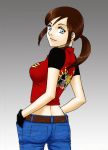  1girl belt breasts brown_hair claire_redfield denim gloves large_breasts long_hair ponytail resident_evil resident_evil_code:_veronica sideboob solo 