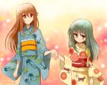  2girls bird_print blush brown_eyes brown_hair cat_print green_eyes green_hair holding_hands japanese_clothes kimono long_hair long_sleeves looking_away minashiro_orihime multiple_girls sakaki_tsui sidelocks soukyuu_no_fafner tatekami_seri wide_sleeves yukata 