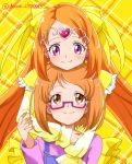  2girls bow brown_eyes circlet cure_muse_(yellow) don_(748826) dual_persona earrings frills glasses hair_bow heart heart_earrings hug hug_from_behind jewelry long_hair looking_at_viewer magical_girl multiple_girls orange_hair pink_eyes pink_shirt plaid plaid_background precure purple-framed_glasses semi-rimless_glasses shirabe_ako shirt short_hair smile suite_precure twitter_username yellow_background yellow_bow 