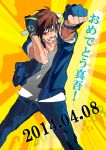  1boy blue_gloves brown_eyes brown_hair fingerless_gloves gloves headband open_mouth school_uniform short_hair smile snk solo text the_king_of_fighters yabuki_shingo 