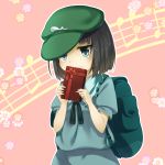  1girl backpack bag black_hair blouse blue_eyes box box_of_chocolates cabbie_hat dark_haired_kappa flower gift gift_box hat kappa_mob musical_note piyodesu ribbon short_hair shy skirt skirt_set solo staff_(music) touhou valentine 