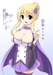  1girl 2015 blonde_hair blue_background braid breasts cape cleavage cowboy_shot dated flower flower_knight_girl french_braid gradient gradient_background hair_bun hair_flower hair_ornament highres large_breasts looking_at_viewer object_namesake purple_legwear purple_skirt saintpaulia_(flower_knight_girl) short_hair sidelocks signature skirt smile solo tadano_myoushi thigh-highs violet_eyes white_background 