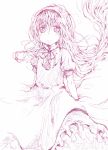  1girl :&gt; character_request copyright_request dress frilled_dress frills long_hair looking_at_viewer monochrome nekokun puffy_sleeves short_sleeves simple_background sketch solo white_background 