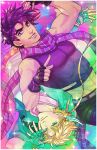  abs artist_name blonde_hair caesar_anthonio_zeppeli crop_top facial_mark fingerless_gloves gloves green_eyes headband jojo_no_kimyou_na_bouken joseph_joestar_(young) midriff muscle pointing purple_hair rotational_symmetry scarf smile sparkle star starry_background striped striped_scarf tank_top violet_eyes white_border winged_hair_ornament zombiedaisuke 