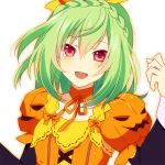  1girl bow braid choker crown_braid flower_knight_girl food_themed_clothes green_hair jack-o&#039;-lantern knenj looking_at_viewer orange_bow red_eyes short_hair smile solo summer_squash_(flower_knight_girl) upper_body white_background 