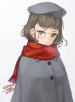  1girl artist_name brown_eyes brown_hair cloak dated glasses hat kantai_collection looking_at_viewer rokuwata_tomoe roma_(kantai_collection) scarf short_hair simple_background solo twitter_username white_background 