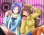  2girls amanogawa_kirara aono_miki blue_bow blue_eyes blue_shirt bow brown_hair brown_legwear don_(748826) doughnut earrings food fresh_precure! go!_princess_precure hairband jewelry long_hair looking_at_another mouth_hold multiple_girls one_eye_closed pantyhose precure purple_hair scarf shirt shorts smile star star_earrings striped striped_background sweater violet_eyes yellow_shirt 