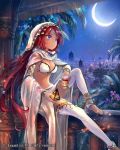  1girl anklet arabian_clothes barefoot cape crescent_moon dark_skin feet highres jewelry long_hair moon navel night redhead see-through sitting skirt sky solo tagme thigh-highs toeless_legwear veil very_long_hair violet_eyes virus_(obsession) 