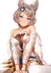 1girl animal_ears bangs bare_shoulders blue_eyes bracelet breasts closed_mouth detached_sleeves eyebrows eyebrows_visible_through_hair frills fur_trim granblue_fantasy hair_ornament halterneck head_tilt heart_hair_ornament jewelry large_breasts looking_at_viewer mole mole_under_mouth short_hair sideboob silver_hair simple_background sitting solo stella_(granblue_fantasy) swept_bangs thigh-highs wariza white_background white_legwear yaman_(yamanta_lov) 