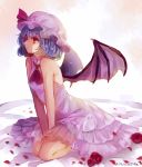  1girl ascot bare_shoulders bat_wings bed_sheet brooch dress expressionless flower from_side hat hat_ribbon jewelry lavender_hair looking_away m_(neteitai10) mob_cap pink_dress red_eyes red_rose remilia_scarlet ribbon rose seiza short_hair sitting sleeveless sleeveless_dress touhou wings 