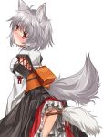  1girl animal_ears ass between_legs blush brown_eyes duster from_behind inubashiri_momiji japanese_clothes kei_kei leaning_forward looking_back panties short_hair silver_hair solo tail touhou underwear white_background white_panties wolf_ears wolf_tail 
