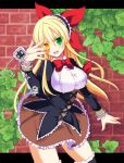  1girl :d blonde_hair bow brick_wall brown_skirt chuunibyou cowboy_shot eyepatch eyepatch_removed flower_knight_girl frills green_eyes hair_ribbon hairband heterochromia impossible_clothes ivy ivy_(flower_knight_girl) leaf letterboxed long_hair looking_at_viewer nachisuke_(nachi_comic) object_namesake open_mouth red_bow red_ribbon ribbon skirt smile solo virgin_killer_outfit yellow_eyes 