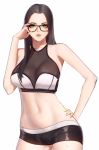  1girl adjusting_glasses bangs black-framed_glasses black_hair black_shorts breasts cleavage collarbone cowboy_shot crop_top dripping glasses hand_on_hip hand_up highres large_breasts long_hair looking_at_viewer midriff navel original panties parted_bangs parted_lips red_lips see-through short_shorts shorts sleeveless solo stomach sweat tachibana-san underwear white_background white_panties 