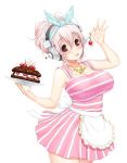  1girl alternate_hairstyle apron bare_arms blush breasts cake cherry cleavage dress female food fruit hair_between_eyes headband headphones holding holding_food jewelry large_breasts looking_at_viewer nail_polish necklace nitroplus open_mouth pink_hair red_eyes simple_background sleeveless sleeveless_dress solo striped striped_dress super_sonico transparent_background tsuji_santa two-tone_dress waist_apron whipped_cream yellow_nails 
