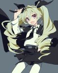  1girl :d anchovy belt black_ribbon cape drill_hair girls_und_panzer grey_background grey_hair hair_ribbon highres long_hair looking_at_viewer necktie open_mouth pantyhose ribbon simple_background skirt smile twin_drills violet_eyes whip white_legwear yamada_kei 