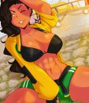  1girl abs bikini bikini_top black_bikini black_hair breasts cleavage heart highres kimmi large_breasts laura_matsuda long_hair navel one_eye_closed red_eyes short_shorts shorts signature solo spoken_heart street_fighter street_fighter_v swimsuit thighs 