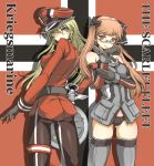  2girls aoki_hagane_no_arpeggio bismarck_(aoki_hagane_no_arpeggio) bismarck_(kantai_collection) blonde_hair blue_eyes brown_hair cosplay costume_switch crossover elbow_gloves gloves grey_legwear hat highres kantai_collection military military_hat military_uniform multiple_girls namesake oku_tamatarou panties red_eyes standing thigh-highs twintails underwear uniform 