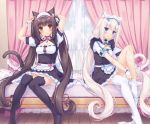 2girls :3 adjusting_hair animal_ears apron bed bell black_legwear blue_eyes blush bow bowtie brown_eyes brown_hair cat_band_legwear cat_ears cat_tail chocola_(sayori) cleavage_cutout curtains dressing frilled_apron frills highres jingle_bell long_hair looking_at_viewer maid_headdress multiple_girls name_tag nekopara no_shoes official_art pillow ribbon sayori sitting slit_pupils small_breasts smile tail thigh-highs twintails tying_hair vanilla_(sayori) very_long_hair waist_apron waitress white_hair white_legwear wooden_floor wrist_cuffs 
